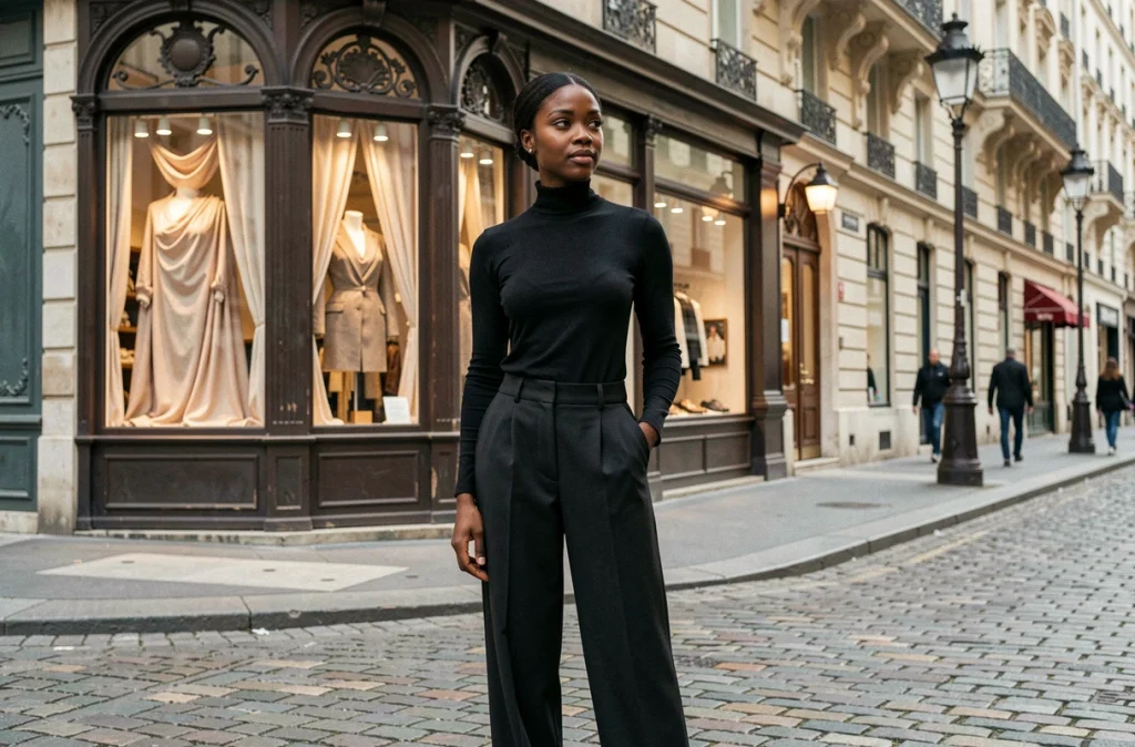 Femme élégante devant une boutique de mode parisienne dans une rue pavée, regard confiant et tenue raffinée