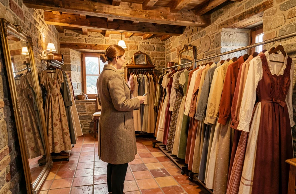 Une femme examine des vêtements vintage dans la boutique L'Ère du Vintage en Haute-Savoie, intérieur rustique avec poutres en bois et dalles en pierre