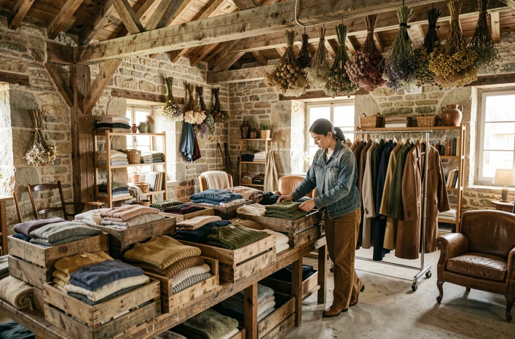 Une jeune femme fouille des caisses de vêtements vintage dans La Grange aux Fripes à Thonon-les-Bains, boutique aménagée dans une ancienne grange rustique