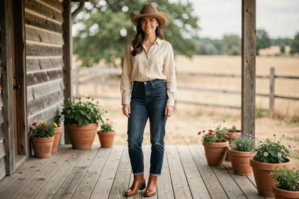 Femme portant un chapeau de cowboy western en feutre beige avec une tenue country chic sur une véranda en bois rustique