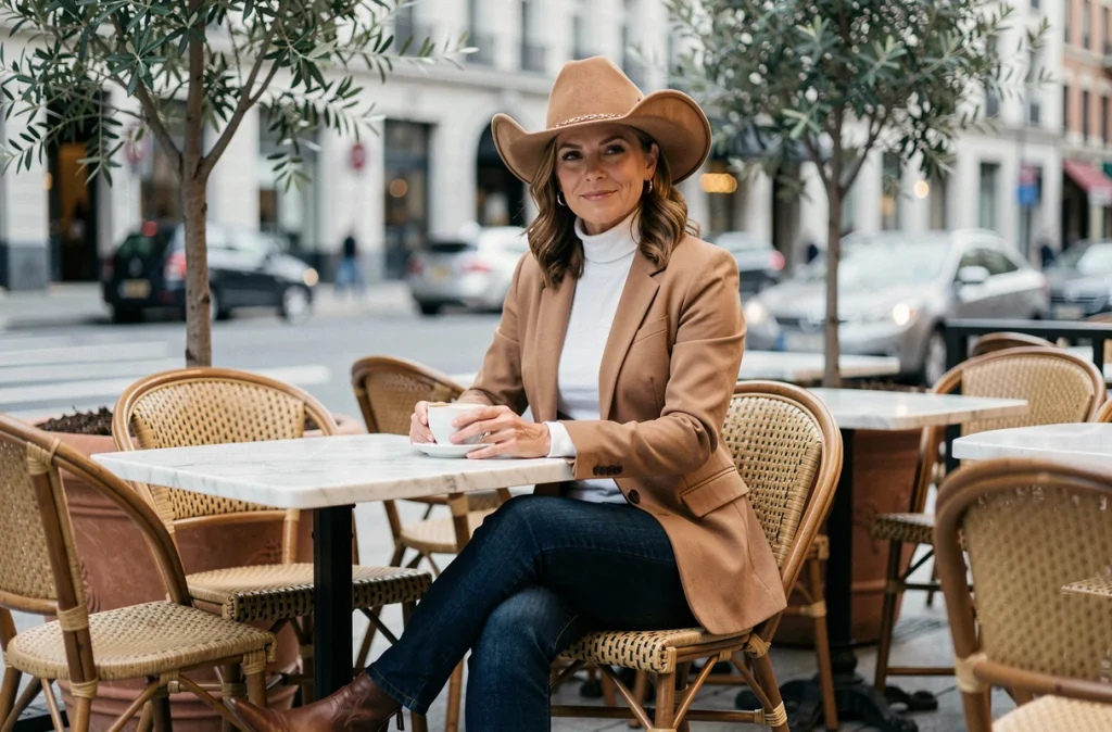 Femme élégante portant un chapeau cowboy western camel dans un café urbain chic pour un style country sophistiqué
