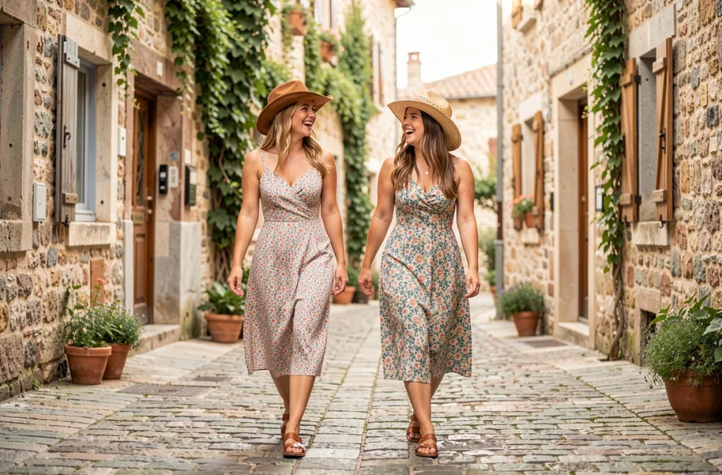 Deux femmes portant des chapeaux de cowboy western différents dans une ruelle de village pour un look country chic estival