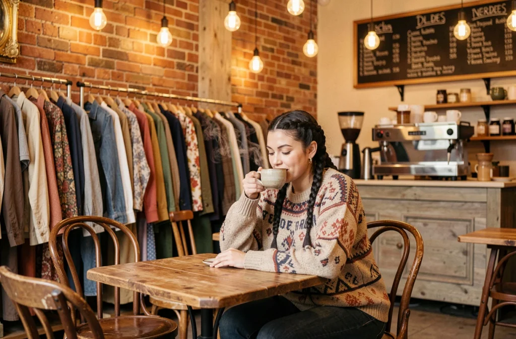 Une femme savoure un café entourée de vêtements vintage dans Ma Première Fripe, café-boutique cosy à Annecy avec briques apparentes et portants de fripes