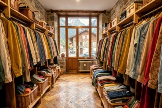 Intérieur d'une friperie en Haute-Savoie avec des vêtements vintage colorés sur des portants en bois et une ambiance chaleureuse de boutique alpine