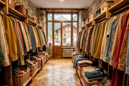 Intérieur d'une friperie en Haute-Savoie avec des vêtements vintage colorés sur des portants en bois et une ambiance chaleureuse de boutique alpine