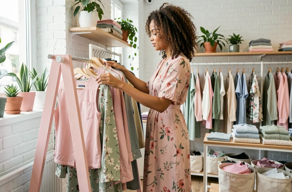 Une femme arrange des vêtements modernes dans Les Pépites d'Adeline à Annecy, boutique lumineuse avec des fripes contemporaines sur des portants pastel