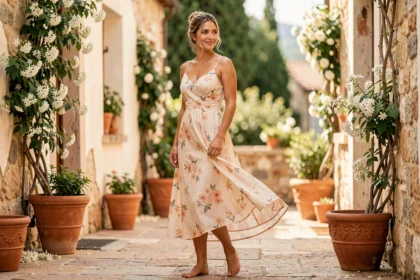 Femme portant une robe fluide fleurie mi-longue sur une terrasse méditerranéenne en été