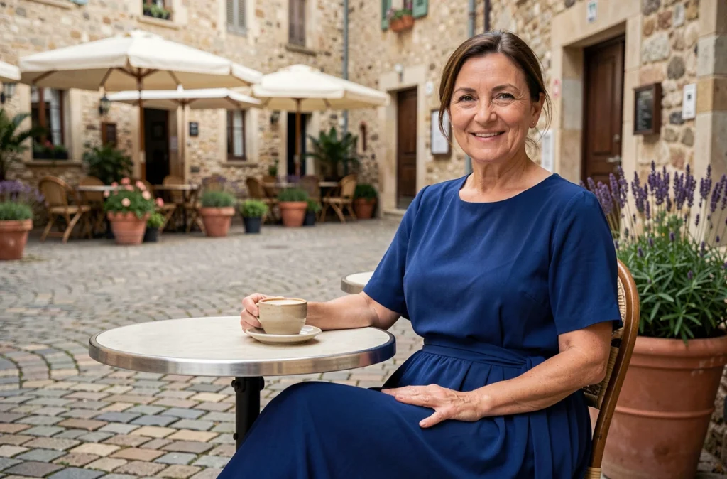 Femme élégante en robe longue fluide bleue assise en terrasse de café dans un village provençal