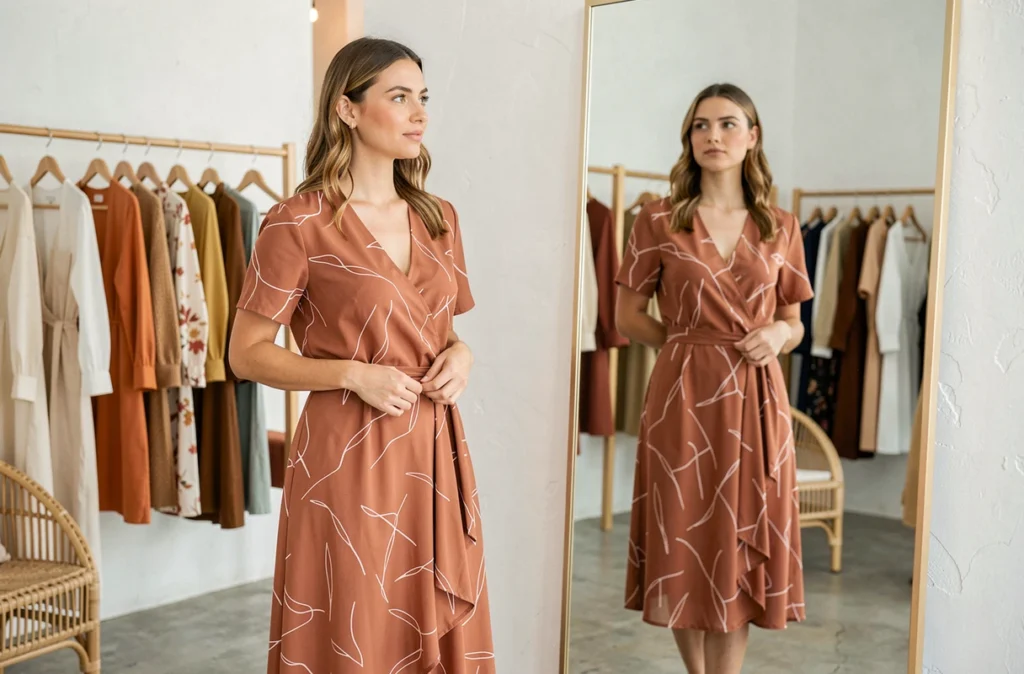 Femme essayant une robe portefeuille fluide terracotta dans une boutique de mode estivale