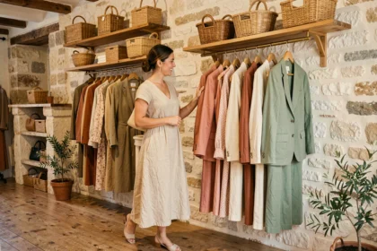 Intérieur d'une boutique de vêtements dans les Bouches-du-Rhône avec une cliente parcourant des robes en lin méditerranéen