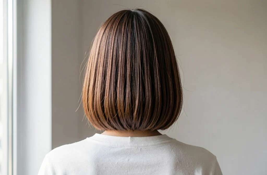 Femme de dos avec un bob à raie centrale