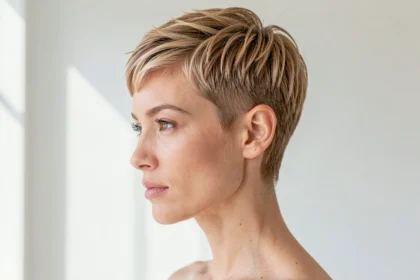 Femme de profil avec une coupe pixie texturée