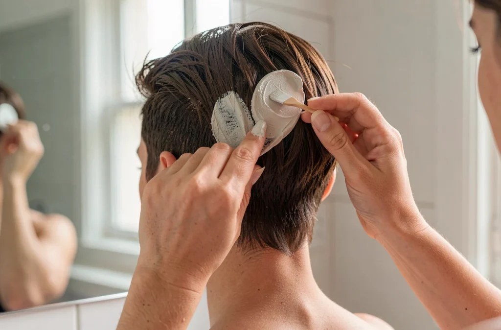 Mains qui coiffent une coupe courte avec de la pâte mate